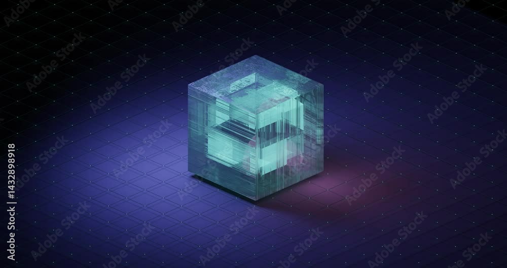 A cube made of glass is sitting on a blue surface. The cube is illuminated by a inner light source, creating a sense of depth and dimension. Futuristic 4K loop animation