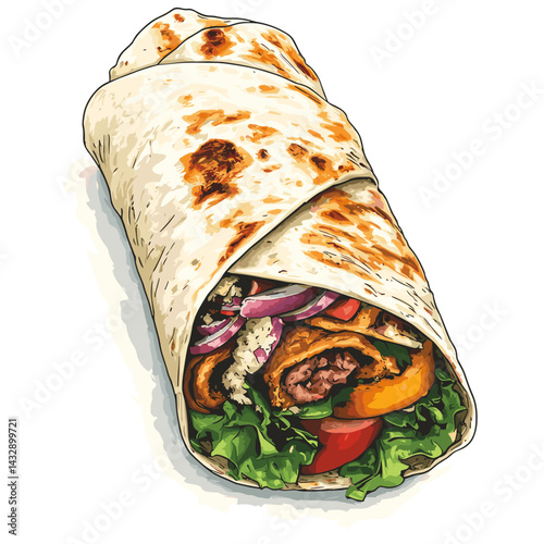 Shawarma wrap doner kebab fast food kebap vector illustration isolated on a white background