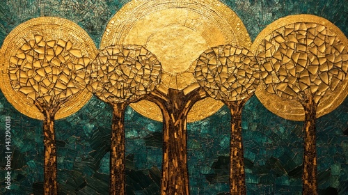 Painting of trees with golden foliage against a textured teal background.