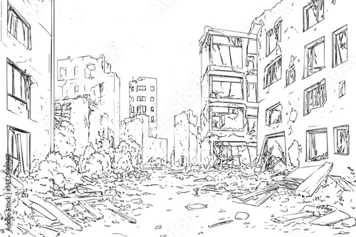 Black and white line drawing of a ruined city street with destroyed buildings and rubble debris.