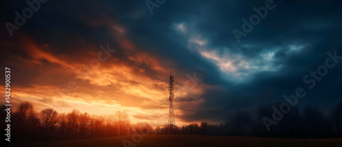 Dramatic Sunset over a Field with Tower