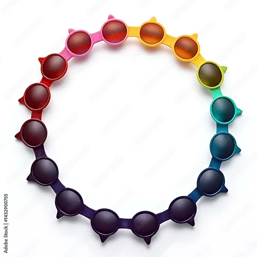 Conceptual layout of colorful sunglasses arranged in a circular pattern on white or neutral background Conceptual layout of colorful sunglasses arranged in a circular pattern on white or neutral background