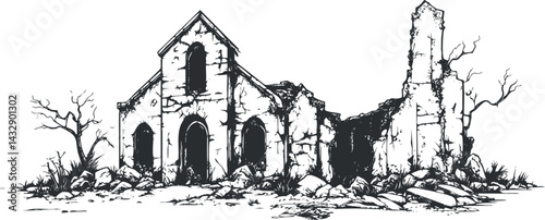 Black and white detailed illustration of an old abandoned stone building in ruins with leafless trees surrounding it.