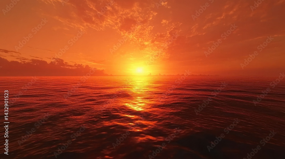 Fototapeta premium A fiery red and orange sunrise over the ocean horizon.