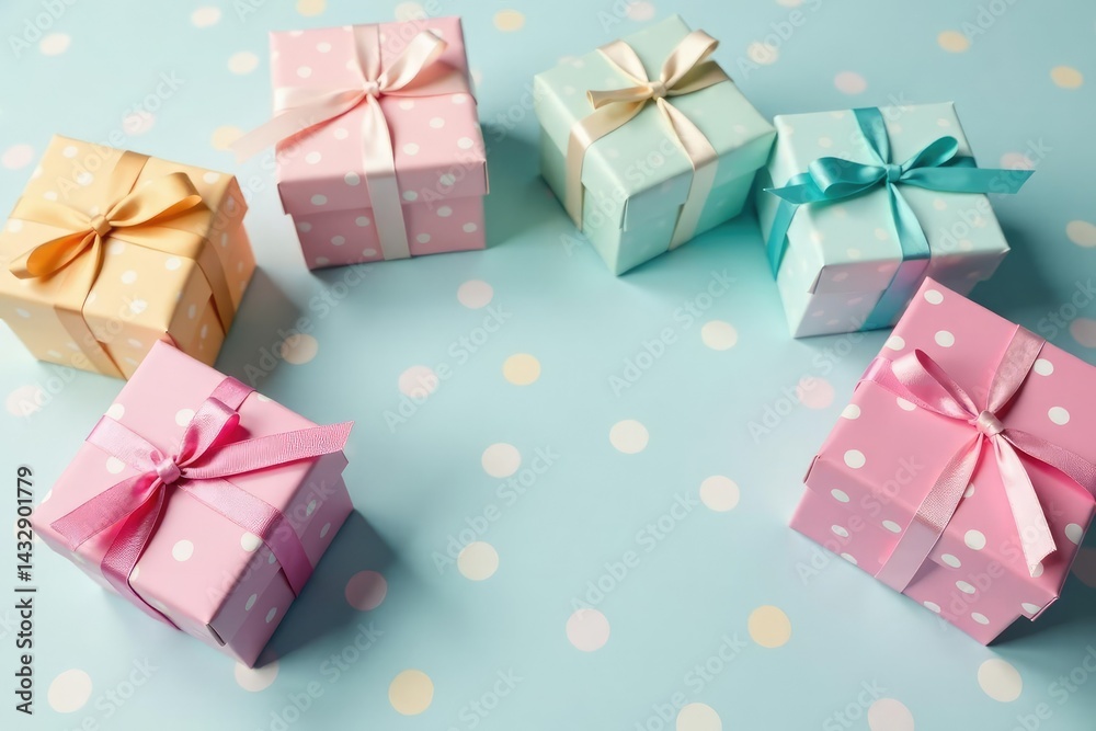 Pastel coloured gift boxes with polka dots, whimsical pattern, textile, surface Pastel coloured gift boxes with polka dots, whimsical pattern, textile, surface