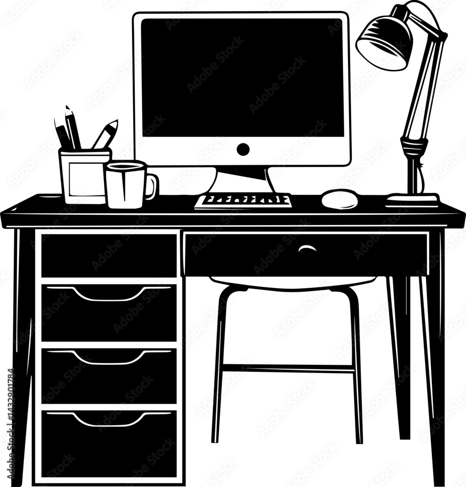 Computer office desk vector black and white, architecture illustration Computer office desk vector black and white, architecture illustration
