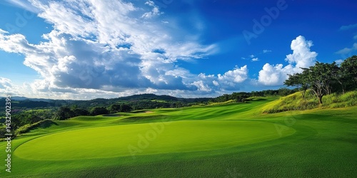 Fototapeta Naklejka Na Ścianę i Meble -  Expansive golf course under a vibrant blue sky.
