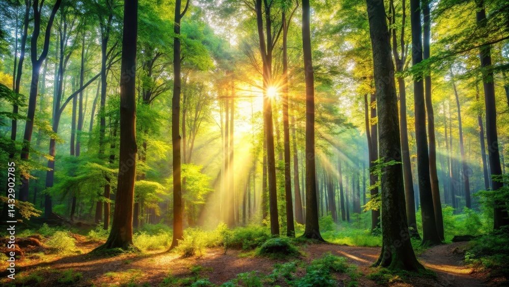 Fototapeta premium Forest dense, vibrant foliage, towering trees, sunlight filtering through