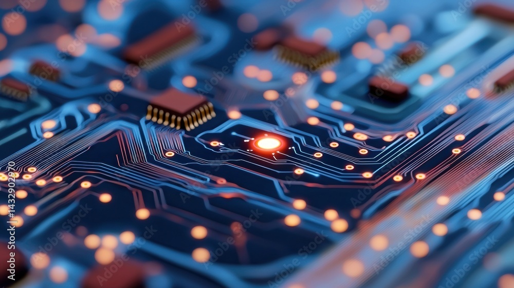 Fototapeta premium A close-up view of a circuit board with numerous small components and glowing orange lights.