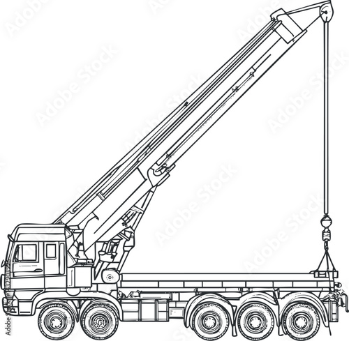 Black and white line drawing of a truck-mounted crane with extended boom and hanging hook for lifting heavy loads