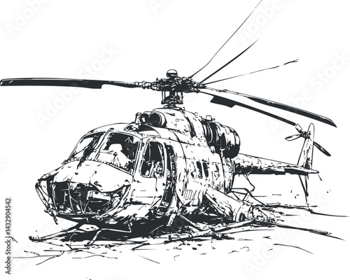 Black and white detailed sketch of a helicopter with visible rotor blades and cockpit, used in aviation and transport.