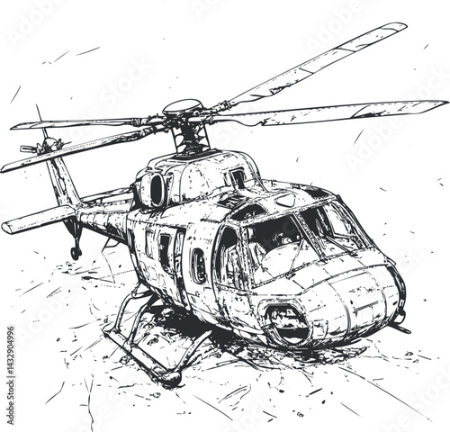 Black and white detailed sketch of a helicopter with visible rotor blades and cockpit