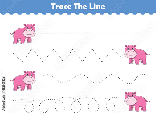 Trace line worksheets for children. Preschool handwriting practice with hippopotamus. Vector illustration