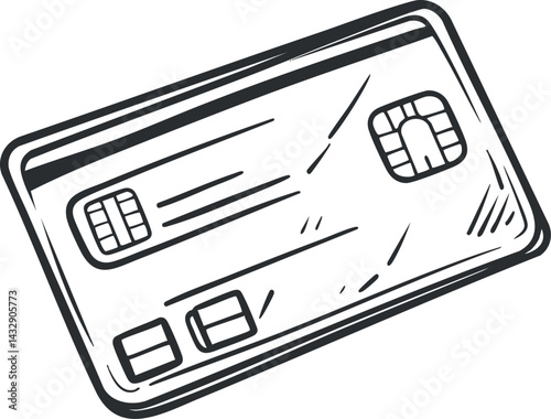 Black and white sketch of a credit card showing chip and magnetic stripe for electronic payment