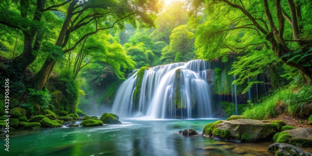 Obraz premium waterfall cascading through lush green forest scenery, serene natural beauty, peaceful atmosphere