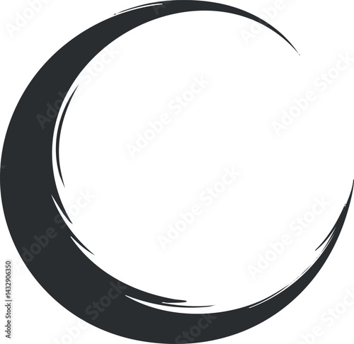 Black crescent moon shape with rough brush stroke edges isolated on white background