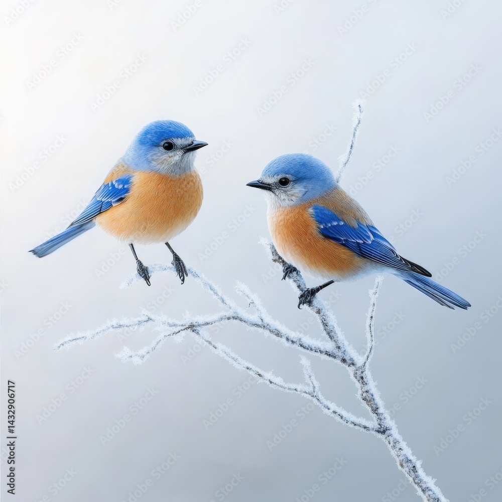 Fototapeta premium Blue birds on frosted branch