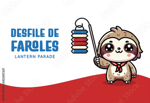 VECTORS. Cute sloth holding a lantern for the Lantern Parade in Costa Rica. Banner perfect for school, kindergarten, daycare, kids, pet shops, vets and more