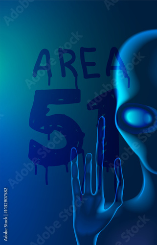 An alien in prison in a glass cell writes on the fogged glass words area 51. Background or poster for World UFO Day. Area 51 in Nevada. The head of an alien with big eyes. Hands with long fingers.
