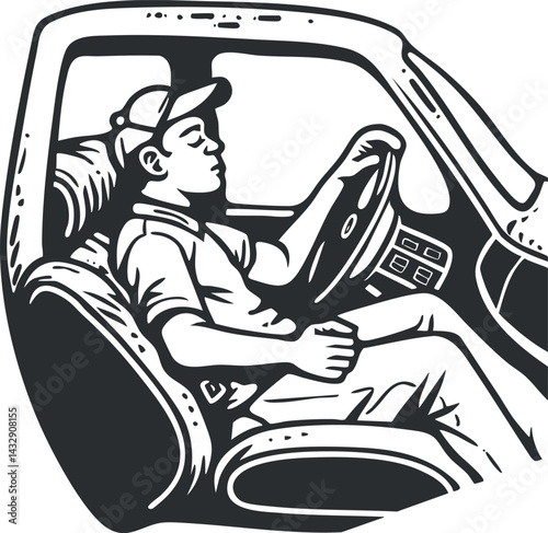 Illustration of a young man wearing a cap driving a car, sitting in the driver's seat with hands on steering wheel.