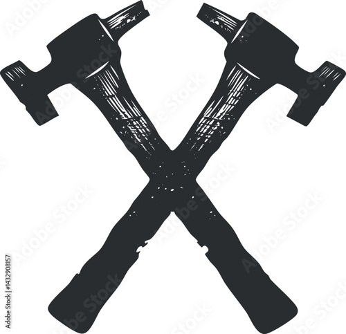 Crossed hammers icon in vintage style representing woodworking and construction tools