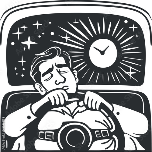 Illustration of a tired man falling asleep while driving a car at night, showing driver fatigue risk.