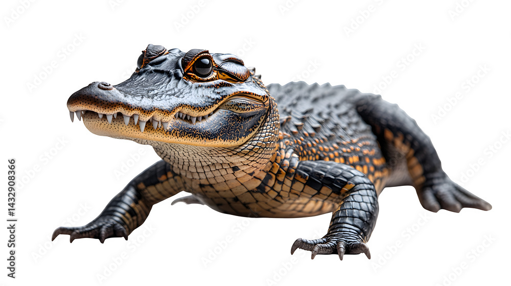 Obraz premium Crocodile side view with detailed skin texture and natural stance, isolated on white background