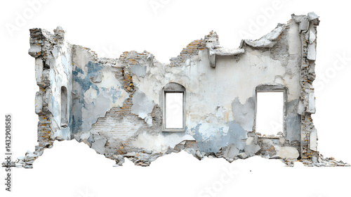 Crumbling building remains, demolished structure with debris isolated on white background