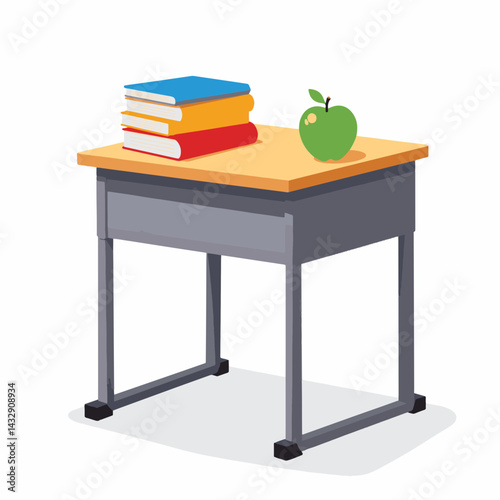 Colorful school desk with folders and apple, educational tools