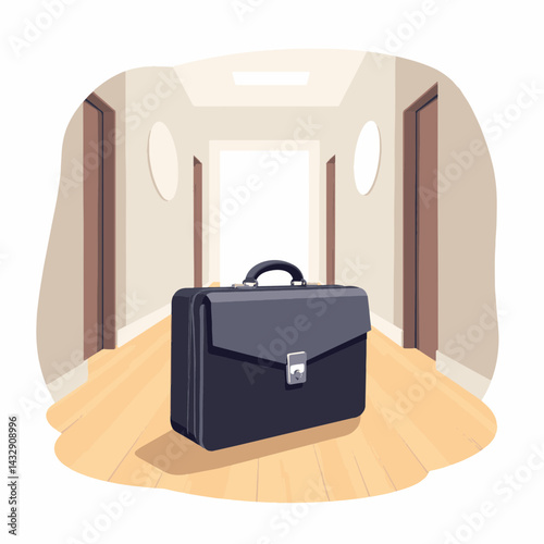 Modern briefcase in hallway with polished wooden floors, professional tools