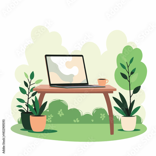 Modern laptop on garden table with pastel plants, serene workspace