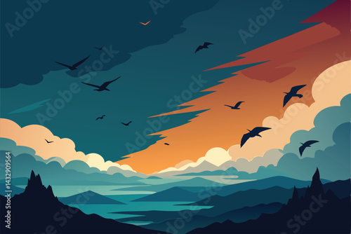 flock of birds scattering before incoming storm .eps
