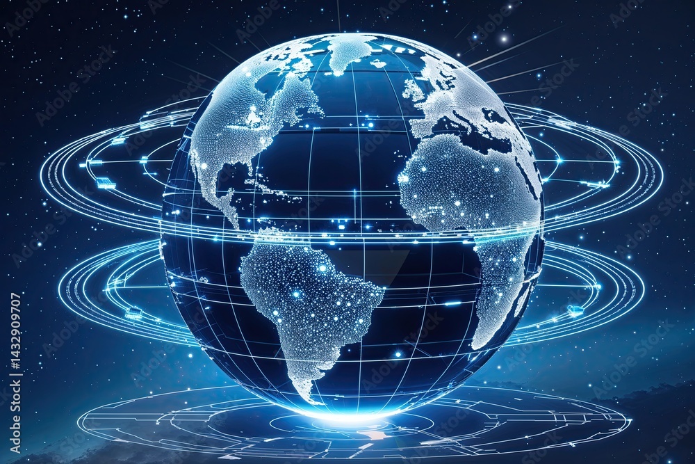 Fototapeta premium 3D Rotating Globe with Digital Framework and Data Streams in Bright Blue Space