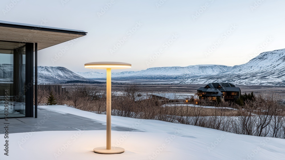 Fototapeta premium A minimalist lamp on a snowy tundra, freedom business background, balanced composition
