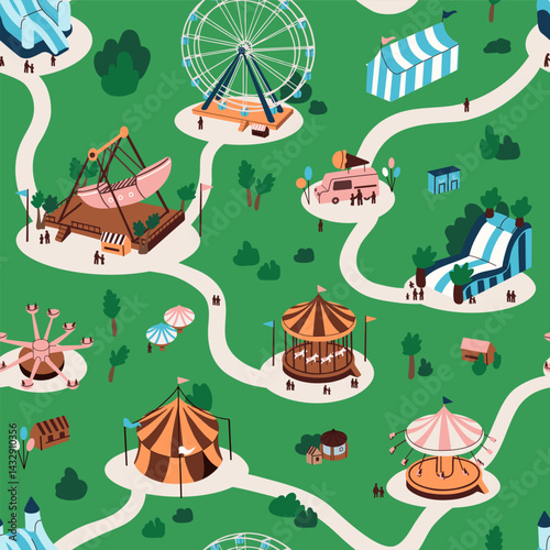 Repeatable pattern of amusement park landscape with carousels, entertainments. Endless background with people having fun on ferris wheel, roundabout in summer. Flat seamless vector illustration