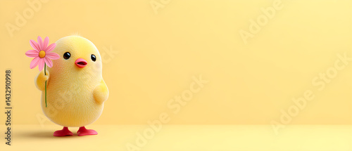 a cute 3d yellow chick holding a pink flower standing on the left side of a wide soft yellow background