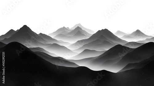 Dark silhouette of mountains on a cloudy day, isolated on white background