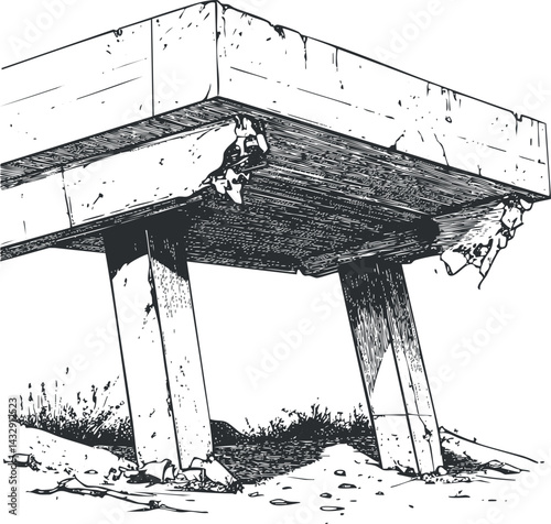 Detailed black and white sketch of a damaged concrete bridge with cracked supports and debris underneath