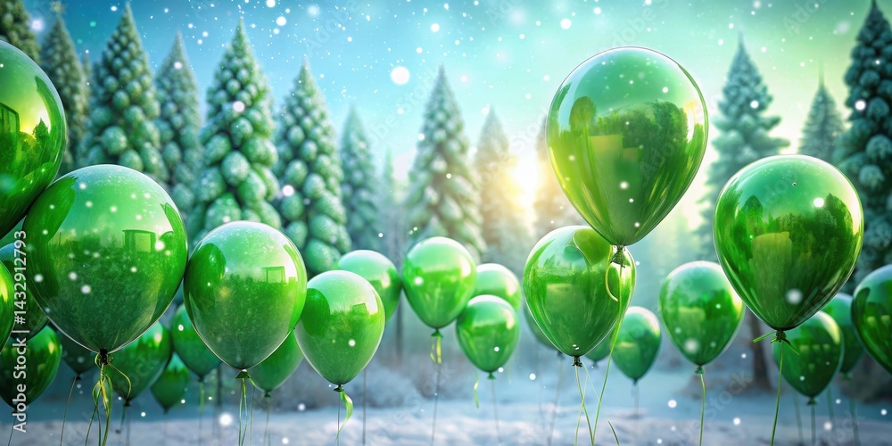 Fototapeta premium Vibrant green balloons filled with helium floating gently in the air amidst a festive winter wonderland setting, balloons floating, party decor