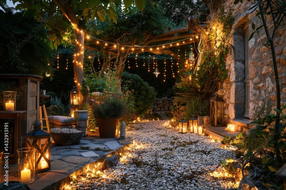 Fototapeta premium A charming outdoor space lit with fairy lights and lanterns, creating a warm and inviting ambiance, Charming fairy lights enhancing the surroundings