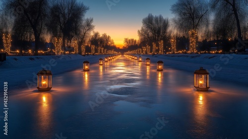 Frozen Canal, Sunset, Lights, Trees