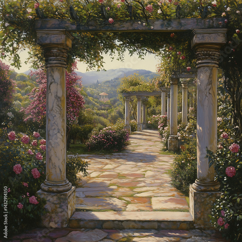 meticulously curated and purposeful splendor of a garden, unveiling masterful orchestration of flora, blossoms, and architectural elements amidst a symphony of harmonious and deliberate scenery meticu