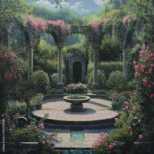 meticulously curated and purposeful splendor of a garden, unveiling masterful orchestration of flora, blossoms, and architectural elements amidst a symphony of harmonious and deliberate scenery meticu