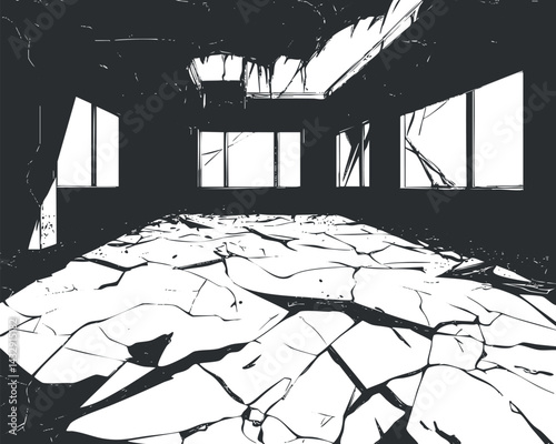Black and white illustration of an abandoned ruined room with cracked floor and broken windows