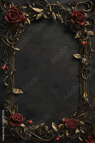Gothic Floral Frame with Red Roses and Gold Details on Black Background