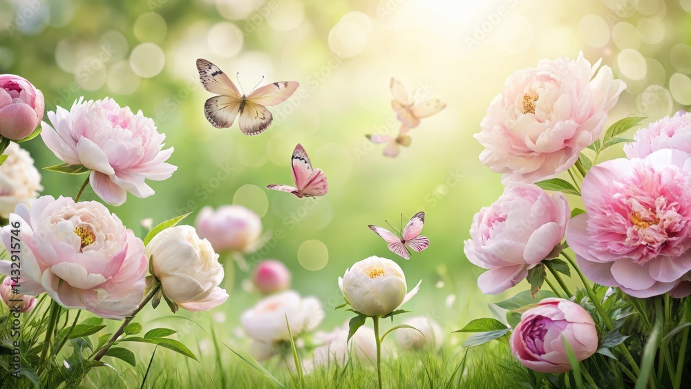 Soft pink peonies and white garden roses in a lush green meadow with a few butterflies fluttering around them, pink peonies, beautiful pink flowers