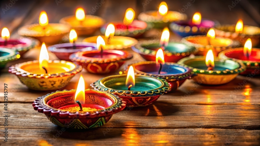 Colorful diyas with candles lit on a wooden table, seasonal ambiance, warm lighting