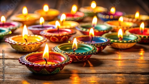 Obraz na płótnie Colorful diyas with candles lit on a wooden table, seasonal ambiance, warm lighting w salonie