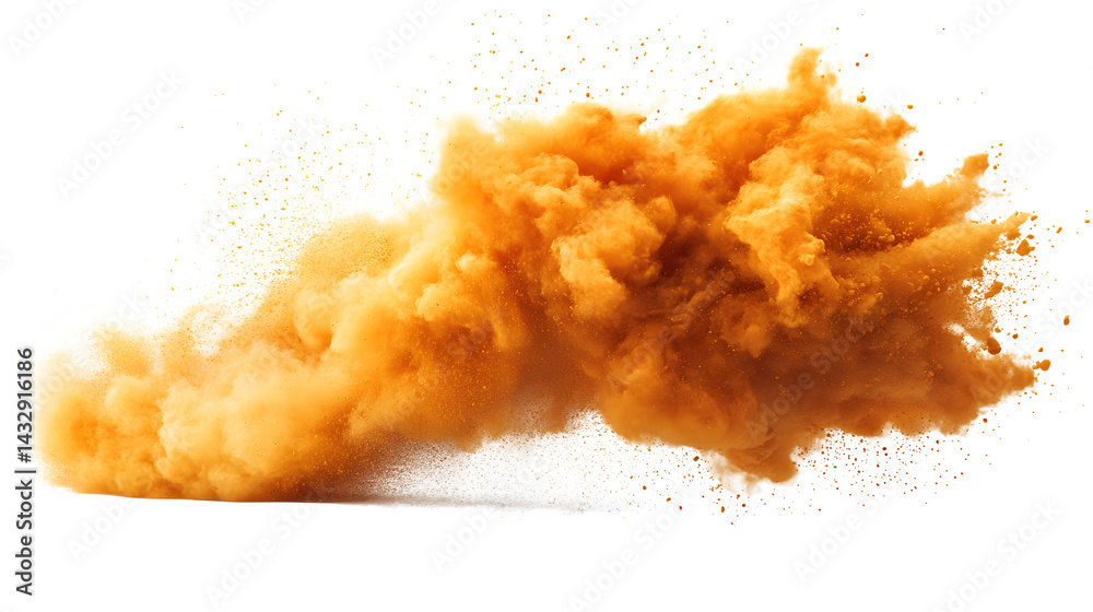 Burst of yellow dry powder, paint explosion concept, vibrant particle cloud, isolated on white background Burst of yellow dry powder, paint explosion concept, vibrant particle cloud, isolated on white background