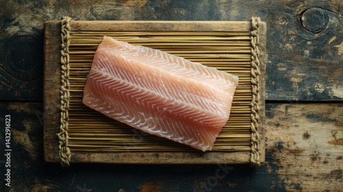 Raw salmon fillet on rustic wooden board.